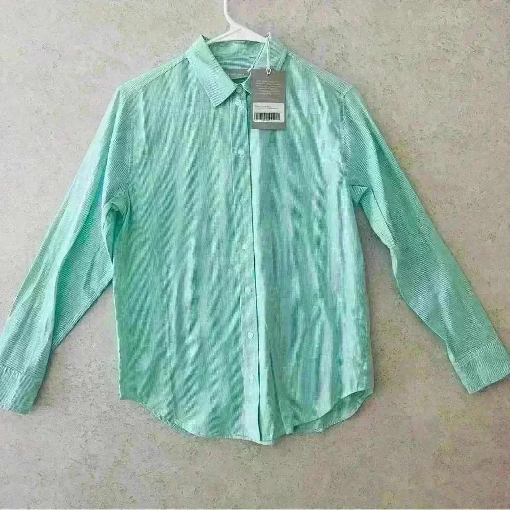EVERLANE WOMENS PREPPY MINT/WHITE STRIPED SILKY FEELING COTTON BUTTON DOWN SIZE